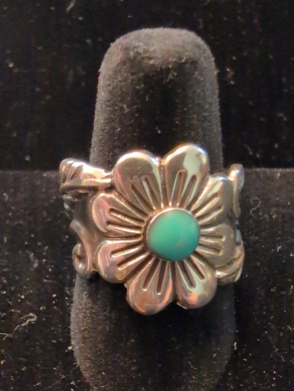 Mexican Sterling Silver Flower Ring with Turquoise Accent